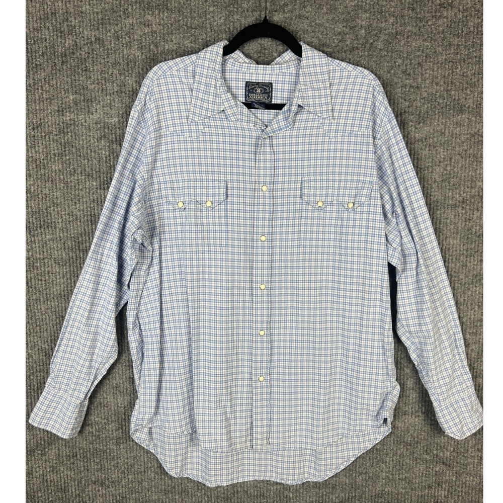 Lucky Brand Mens XL Pearl Snap Plaid Shirt Western Coastal Cowboy Blue White